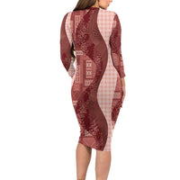 Polynesian Tribal Pattern Patchwork Picturesque Long Sleeve Bodycon Dress Crimson LT7 - Polynesian Pride