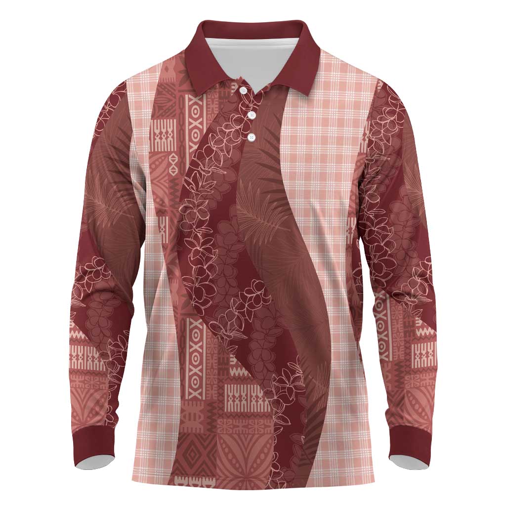 Polynesian Tribal Pattern Patchwork Picturesque Long Sleeve Polo Shirt Crimson LT7 Crimson - Polynesian Pride