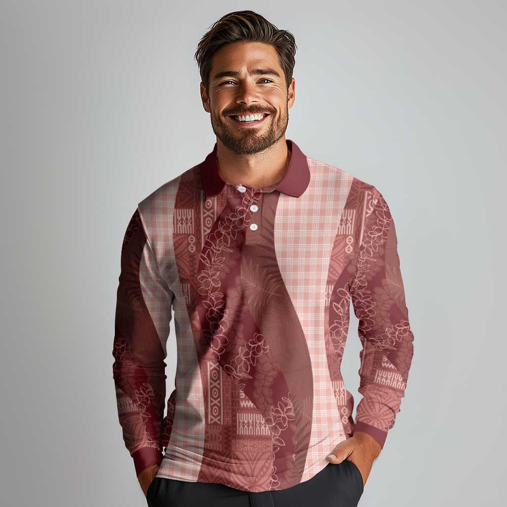 Polynesian Tribal Pattern Patchwork Picturesque Long Sleeve Polo Shirt Crimson LT7 - Polynesian Pride