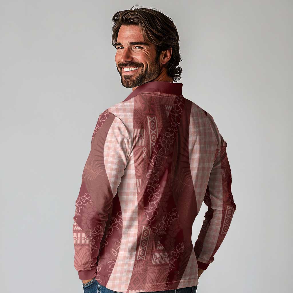 Polynesian Tribal Pattern Patchwork Picturesque Long Sleeve Polo Shirt Crimson LT7 - Polynesian Pride