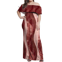 Polynesian Tribal Pattern Patchwork Picturesque Off Shoulder Maxi Dress Crimson LT7 Women Crimson - Polynesian Pride