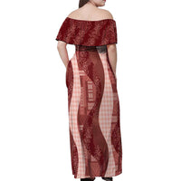 Polynesian Tribal Pattern Patchwork Picturesque Off Shoulder Maxi Dress Crimson LT7 - Polynesian Pride