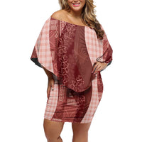 Polynesian Tribal Pattern Patchwork Picturesque Off Shoulder Short Dress Crimson LT7 Women Crimson - Polynesian Pride