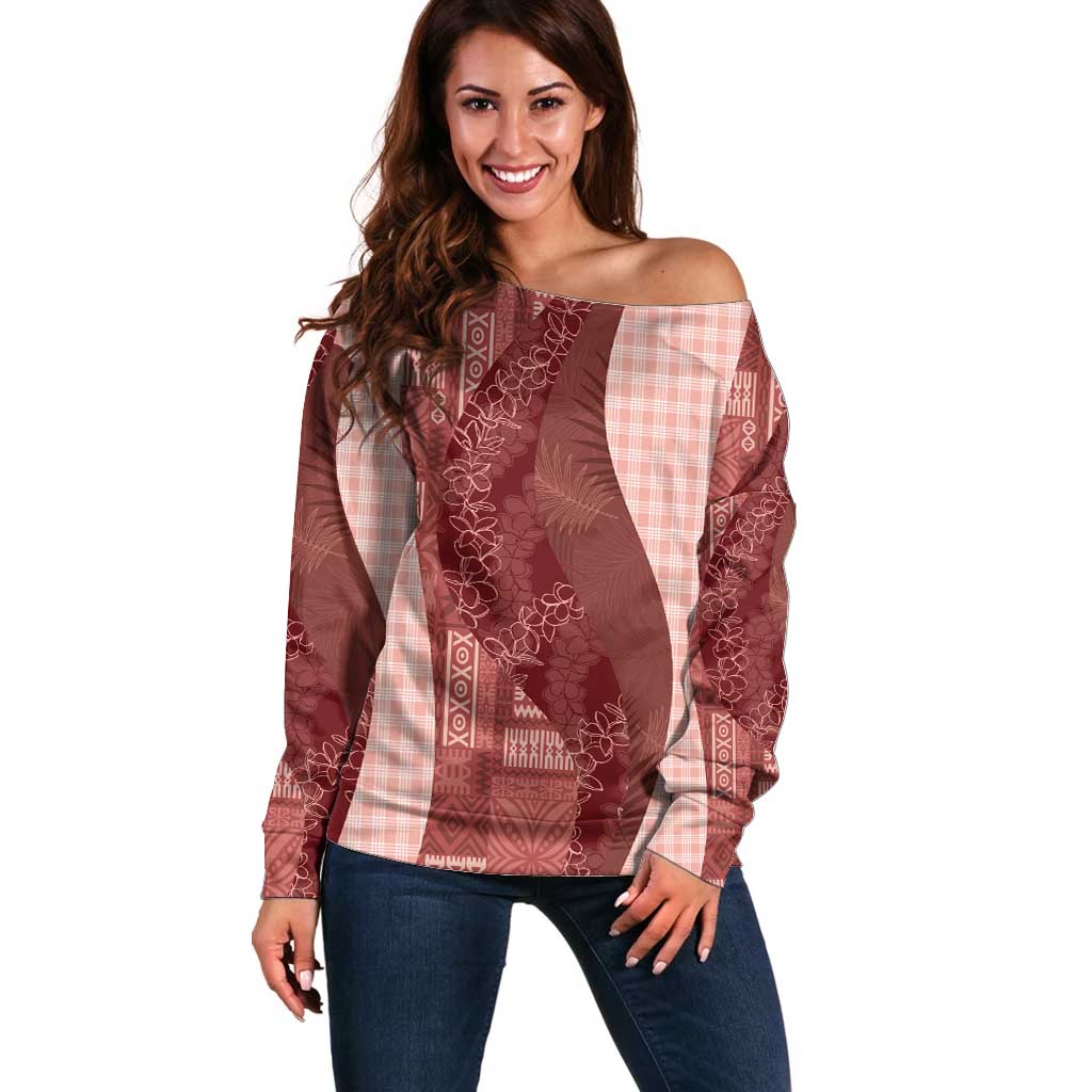 Polynesian Tribal Pattern Patchwork Picturesque Off Shoulder Sweater Crimson LT7 Women Crimson - Polynesian Pride
