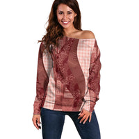 Polynesian Tribal Pattern Patchwork Picturesque Off Shoulder Sweater Crimson