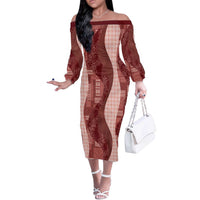 Polynesian Tribal Pattern Patchwork Picturesque Off The Shoulder Long Sleeve Dress Crimson LT7 Women Crimson - Polynesian Pride