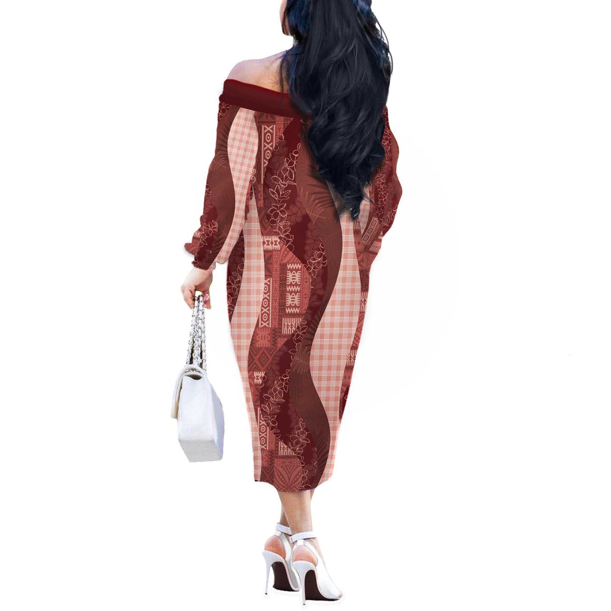 Polynesian Tribal Pattern Patchwork Picturesque Off The Shoulder Long Sleeve Dress Crimson LT7 - Polynesian Pride
