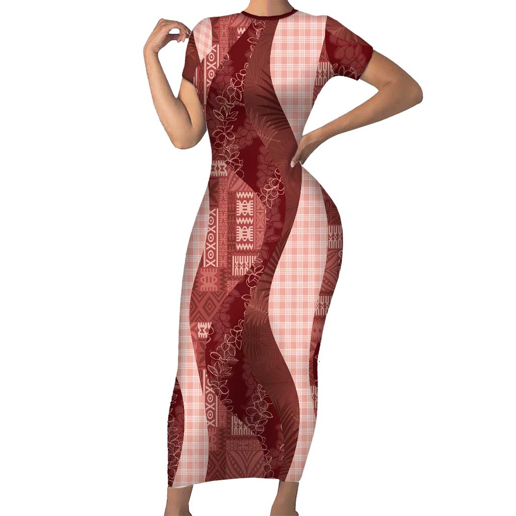 Polynesian Tribal Pattern Patchwork Picturesque Short Sleeve Bodycon Dress Crimson LT7 Long Dress Crimson - Polynesian Pride