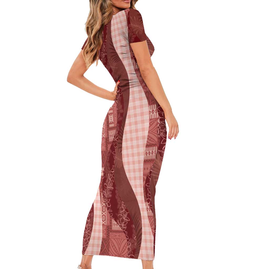 Polynesian Tribal Pattern Patchwork Picturesque Short Sleeve Bodycon Dress Crimson