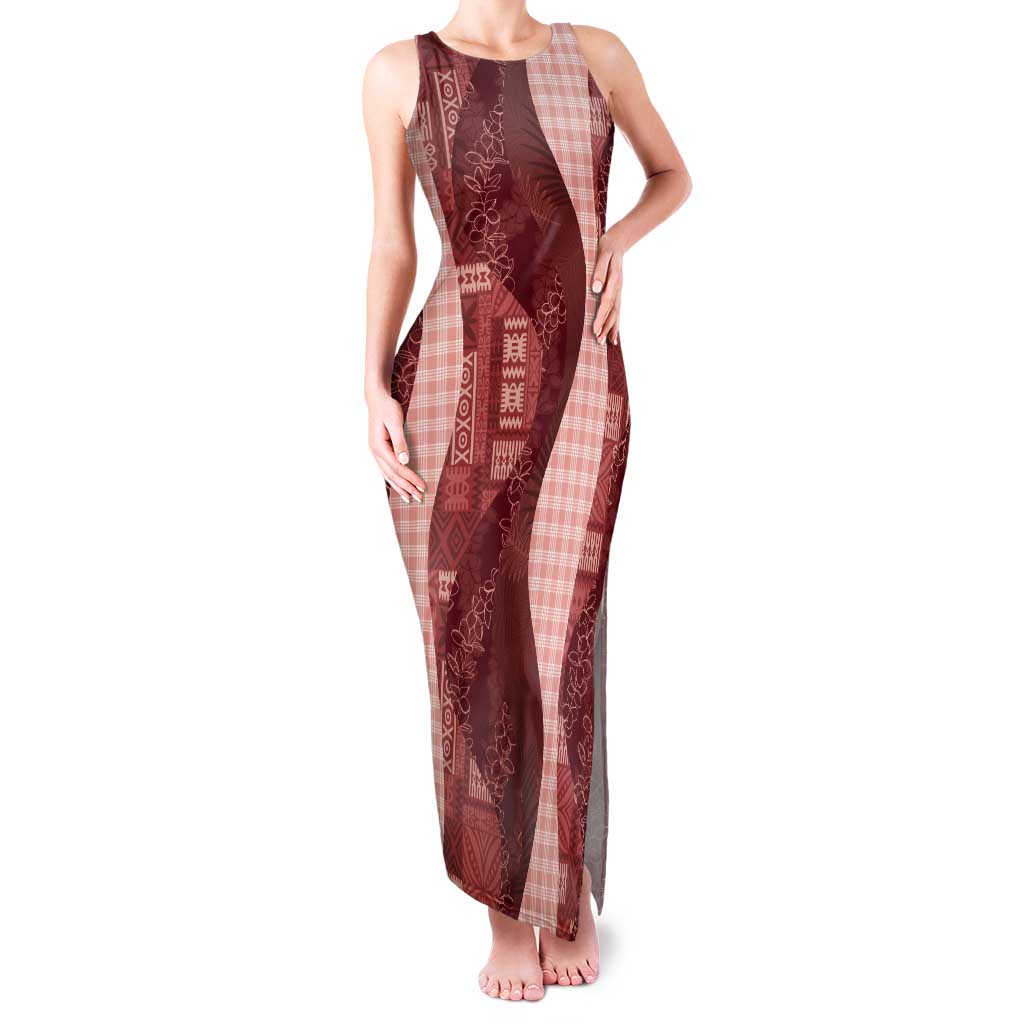 Polynesian Tribal Pattern Patchwork Picturesque Tank Maxi Dress Crimson LT7 Women Crimson - Polynesian Pride