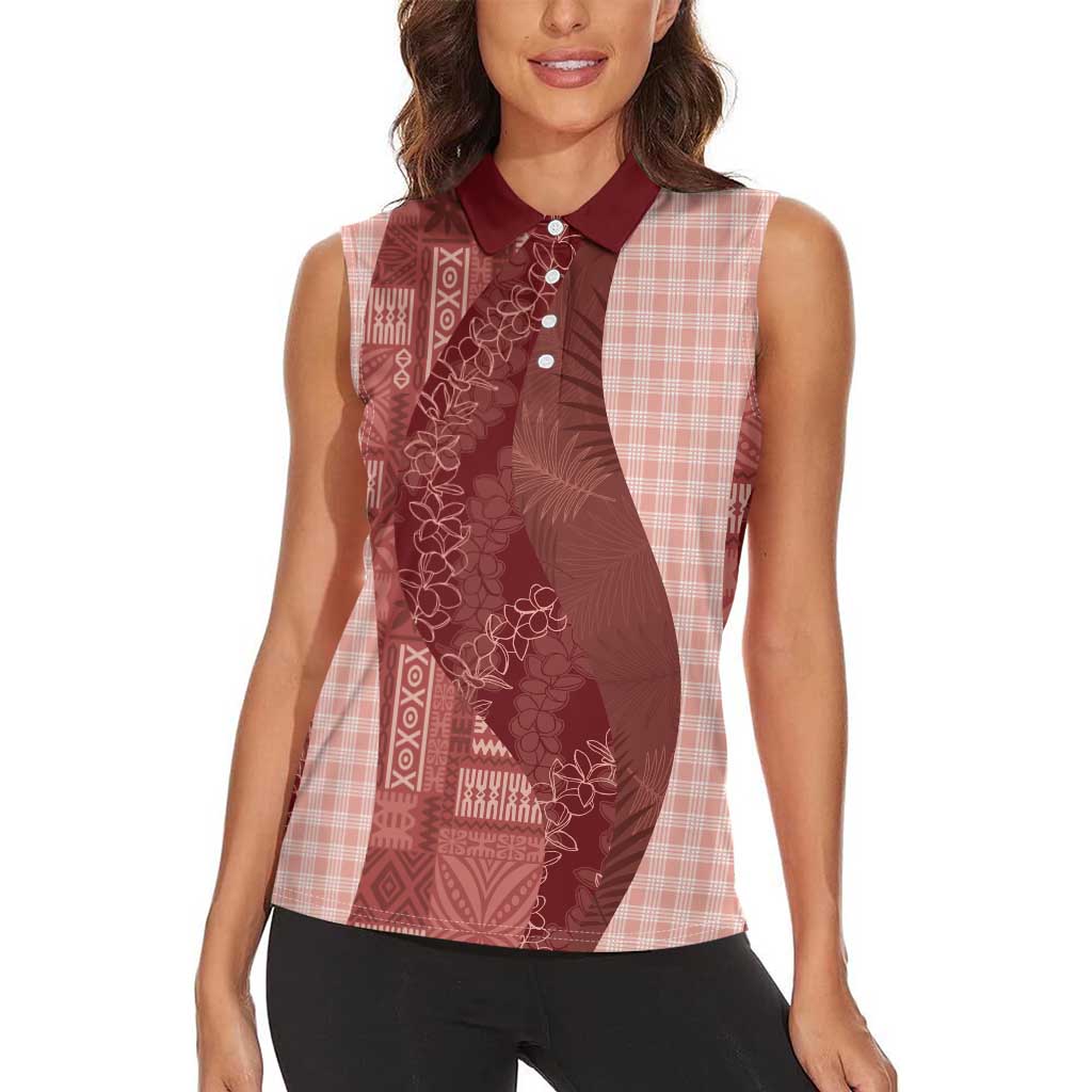 Polynesian Tribal Pattern Patchwork Picturesque Women Sleeveless Polo Shirt Crimson LT7 - Polynesian Pride