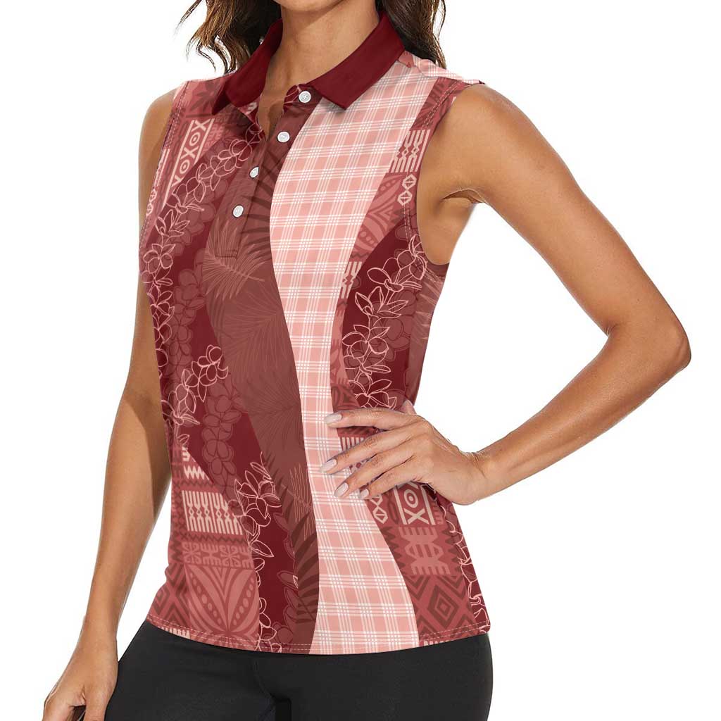 Polynesian Tribal Pattern Patchwork Picturesque Women Sleeveless Polo Shirt Crimson LT7 - Polynesian Pride