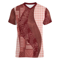 Polynesian Tribal Pattern Patchwork Picturesque Women V-Neck T-Shirt Crimson