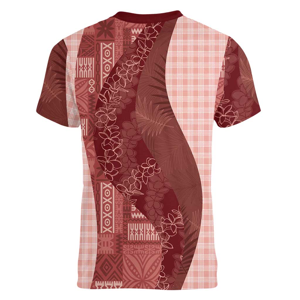 Polynesian Tribal Pattern Patchwork Picturesque Women V-Neck T-Shirt Crimson