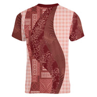 Polynesian Tribal Pattern Patchwork Picturesque Women V-Neck T-Shirt Crimson