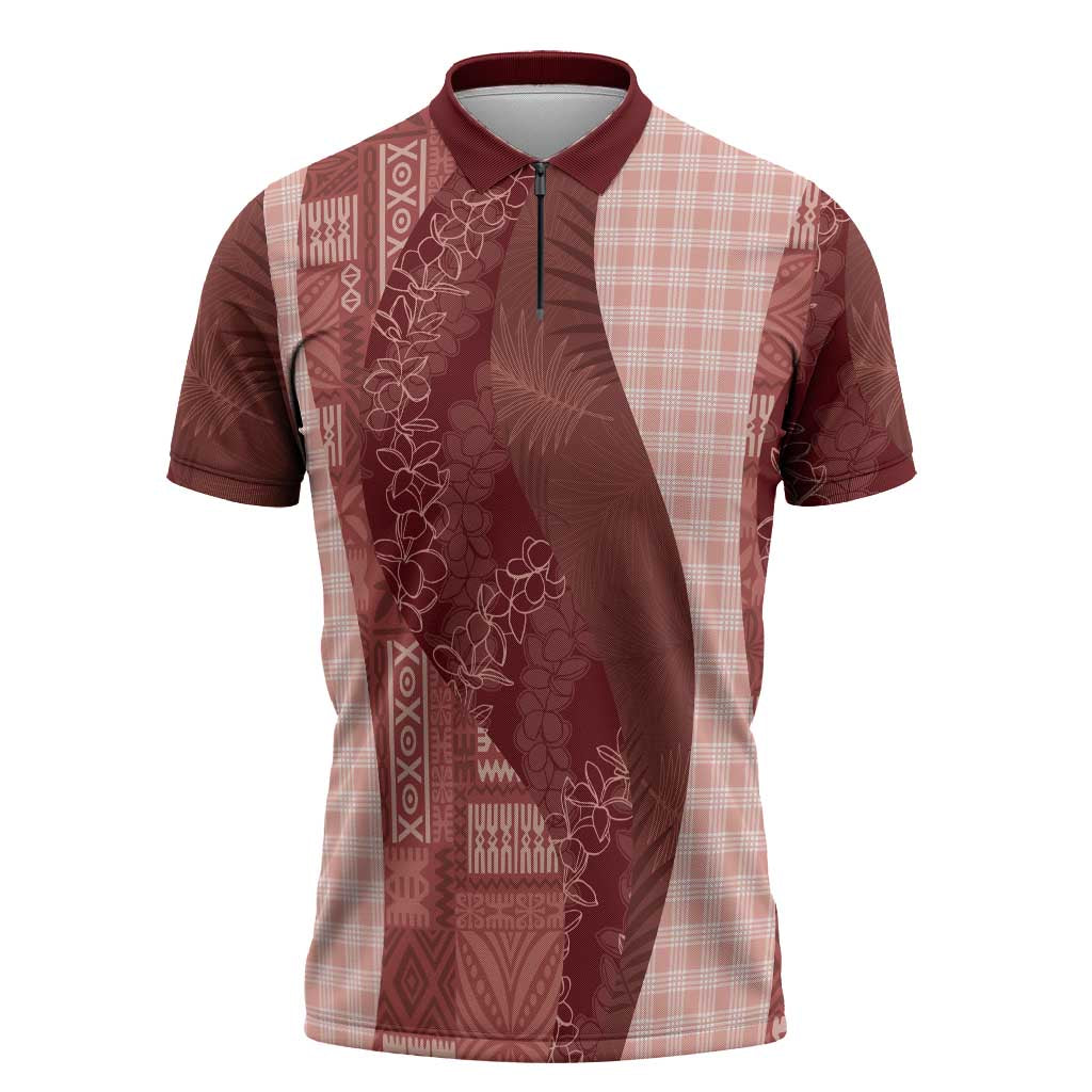 Polynesian Tribal Pattern Patchwork Picturesque Zipper Polo Shirt Crimson