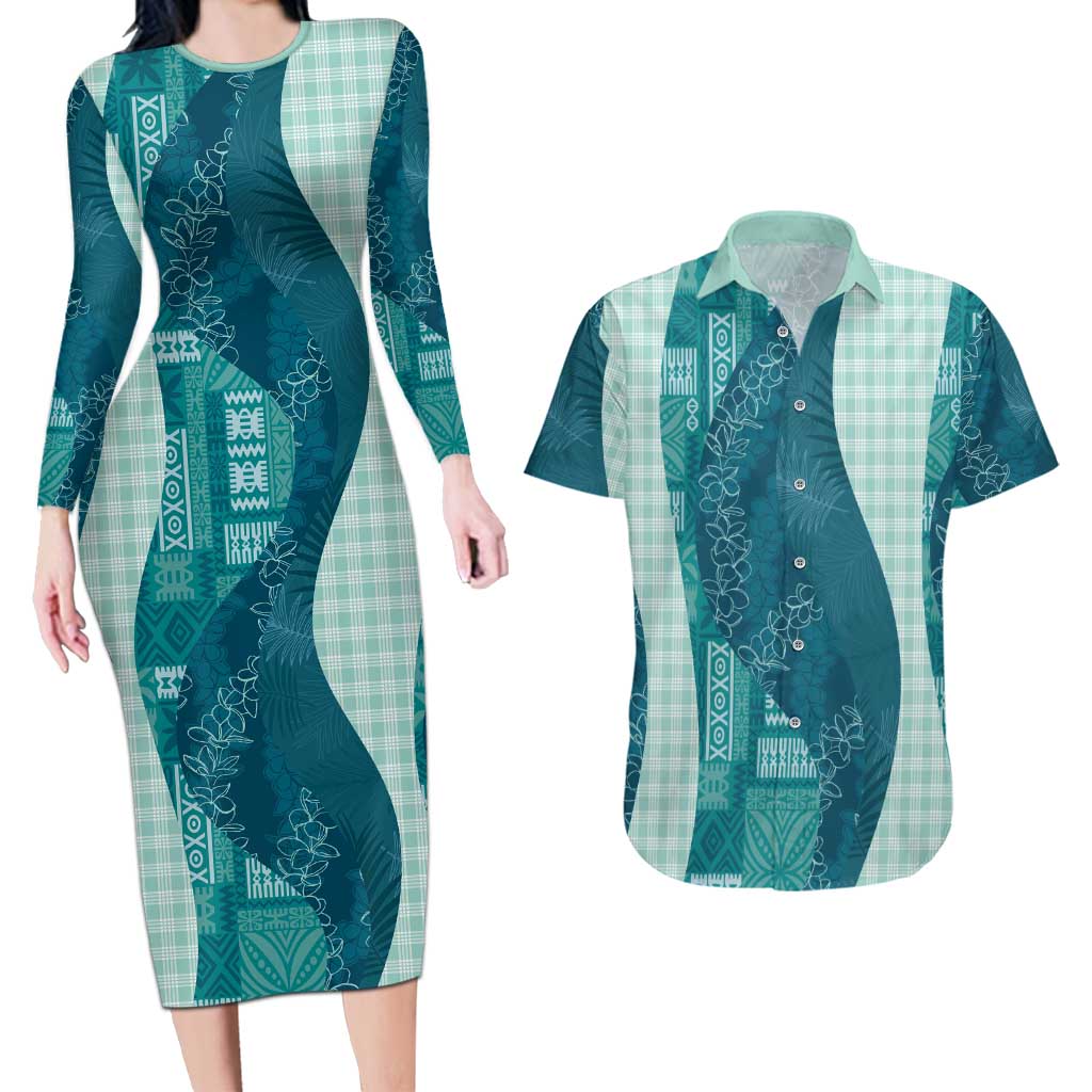 Polynesian Tribal Pattern Patchwork Picturesque Couples Matching Long Sleeve Bodycon Dress and Hawaiian Shirt Oceanic LT7 Blue - Polynesian Pride