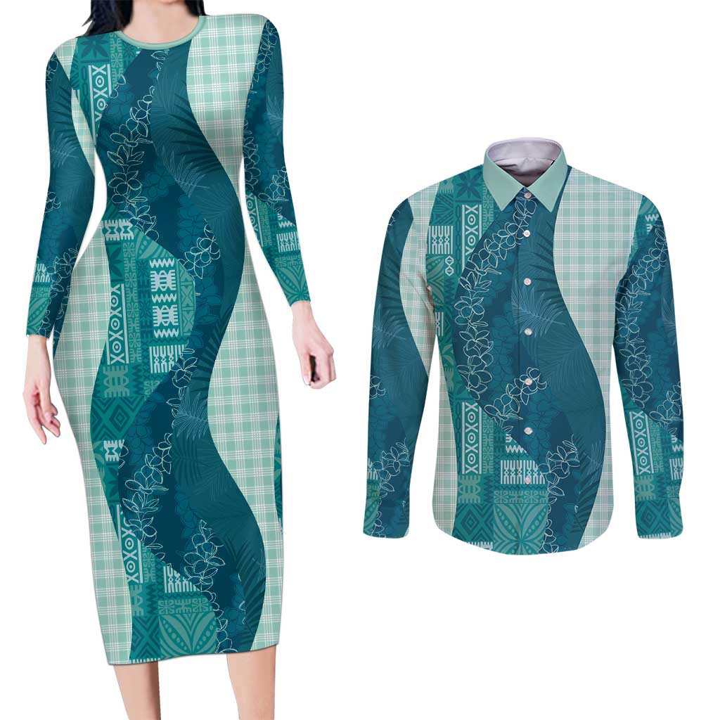 Polynesian Tribal Pattern Patchwork Picturesque Couples Matching Long Sleeve Bodycon Dress and Long Sleeve Button Shirt Oceanic LT7 Blue - Polynesian Pride