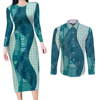 Polynesian Tribal Pattern Patchwork Picturesque Couples Matching Long Sleeve Bodycon Dress and Long Sleeve Button Shirt Oceanic LT7 Blue - Polynesian Pride