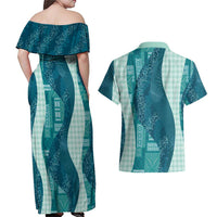 Polynesian Tribal Pattern Patchwork Picturesque Couples Matching Off Shoulder Maxi Dress and Hawaiian Shirt Oceanic