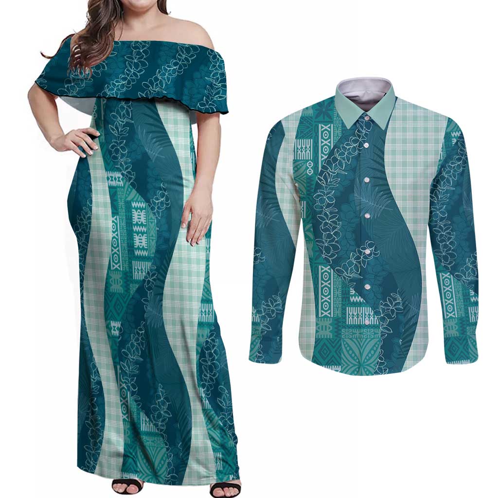 Polynesian Tribal Pattern Patchwork Picturesque Couples Matching Off Shoulder Maxi Dress and Long Sleeve Button Shirt Oceanic LT7 Blue - Polynesian Pride