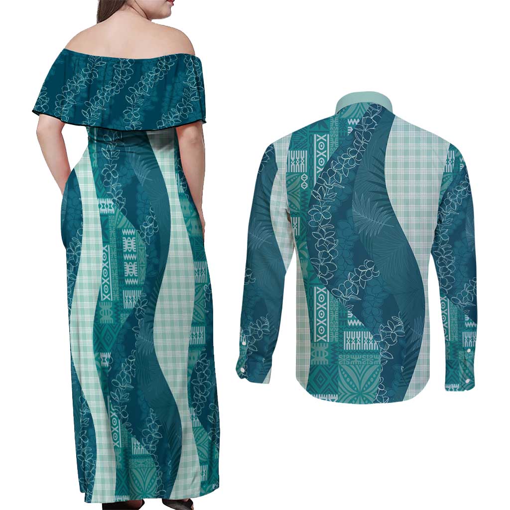 Polynesian Tribal Pattern Patchwork Picturesque Couples Matching Off Shoulder Maxi Dress and Long Sleeve Button Shirt Oceanic LT7 - Polynesian Pride