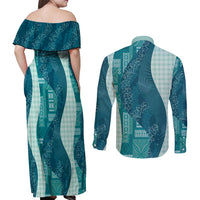 Polynesian Tribal Pattern Patchwork Picturesque Couples Matching Off Shoulder Maxi Dress and Long Sleeve Button Shirt Oceanic LT7 - Polynesian Pride