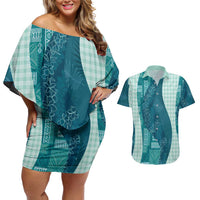 Polynesian Tribal Pattern Patchwork Picturesque Couples Matching Off Shoulder Short Dress and Hawaiian Shirt Oceanic LT7 Blue - Polynesian Pride