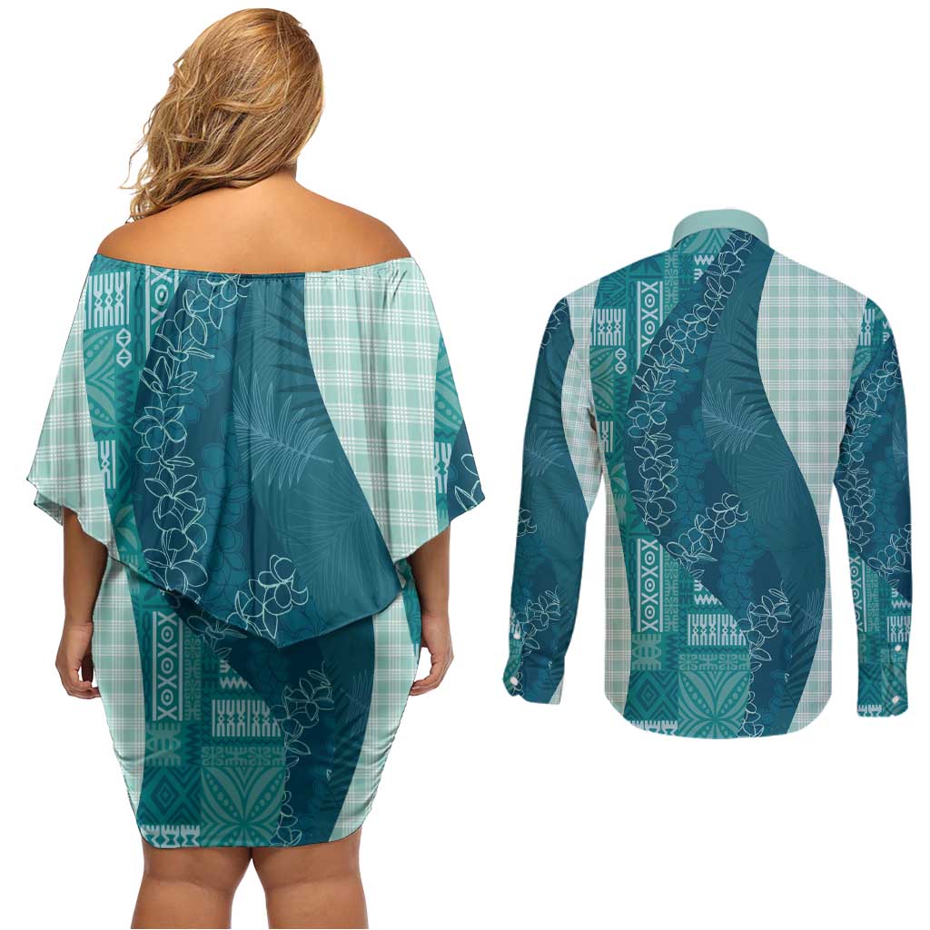 Polynesian Tribal Pattern Patchwork Picturesque Couples Matching Off Shoulder Short Dress and Long Sleeve Button Shirt Oceanic LT7 - Polynesian Pride