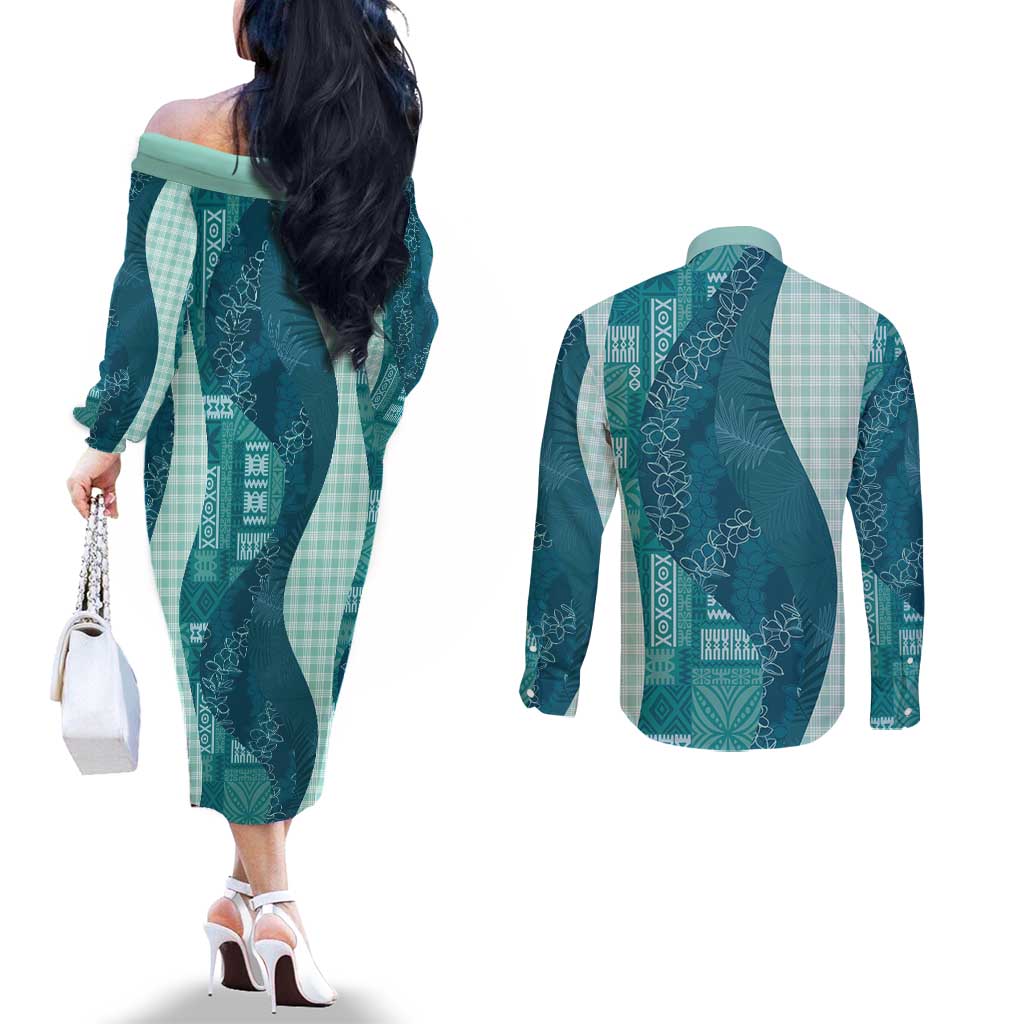Polynesian Tribal Pattern Patchwork Picturesque Couples Matching Off The Shoulder Long Sleeve Dress and Long Sleeve Button Shirt Oceanic LT7 - Polynesian Pride