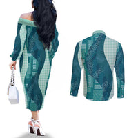 Polynesian Tribal Pattern Patchwork Picturesque Couples Matching Off The Shoulder Long Sleeve Dress and Long Sleeve Button Shirt Oceanic LT7 - Polynesian Pride