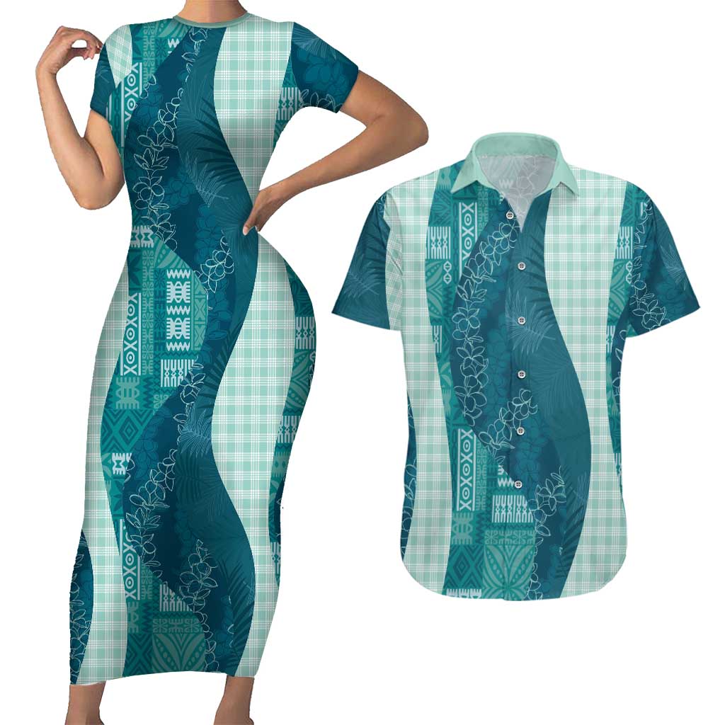 Polynesian Tribal Pattern Patchwork Picturesque Couples Matching Short Sleeve Bodycon Dress and Hawaiian Shirt Oceanic LT7 Blue - Polynesian Pride