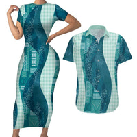 Polynesian Tribal Pattern Patchwork Picturesque Couples Matching Short Sleeve Bodycon Dress and Hawaiian Shirt Oceanic LT7 Blue - Polynesian Pride