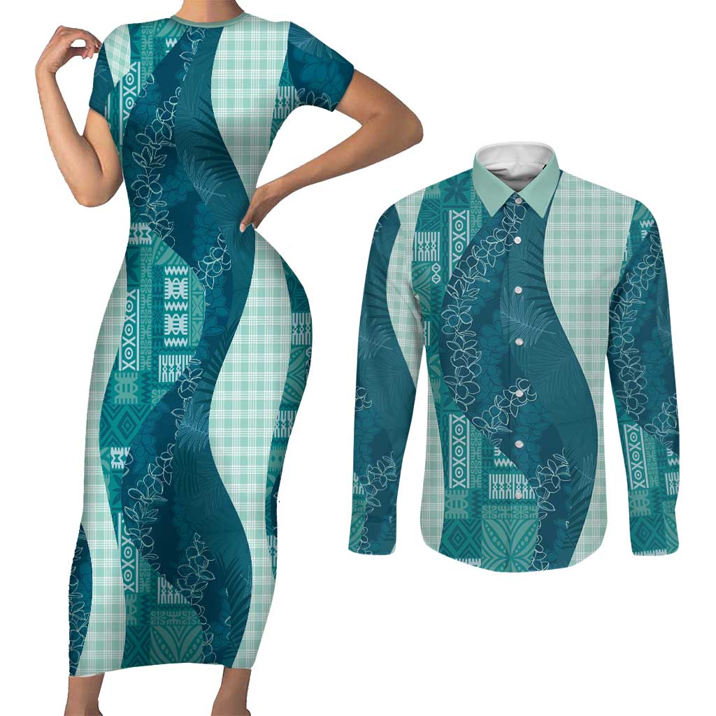 Polynesian Tribal Pattern Patchwork Picturesque Couples Matching Short Sleeve Bodycon Dress and Long Sleeve Button Shirt Oceanic LT7 Blue - Polynesian Pride