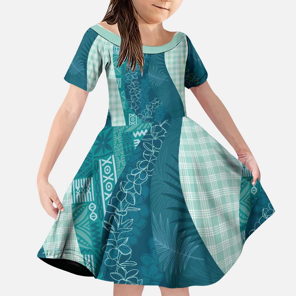 Polynesian Tribal Pattern Patchwork Picturesque Family Matching Off Shoulder Short Dress and Hawaiian Shirt Oceanic LT7 Daughter's Dress Blue - Polynesian Pride