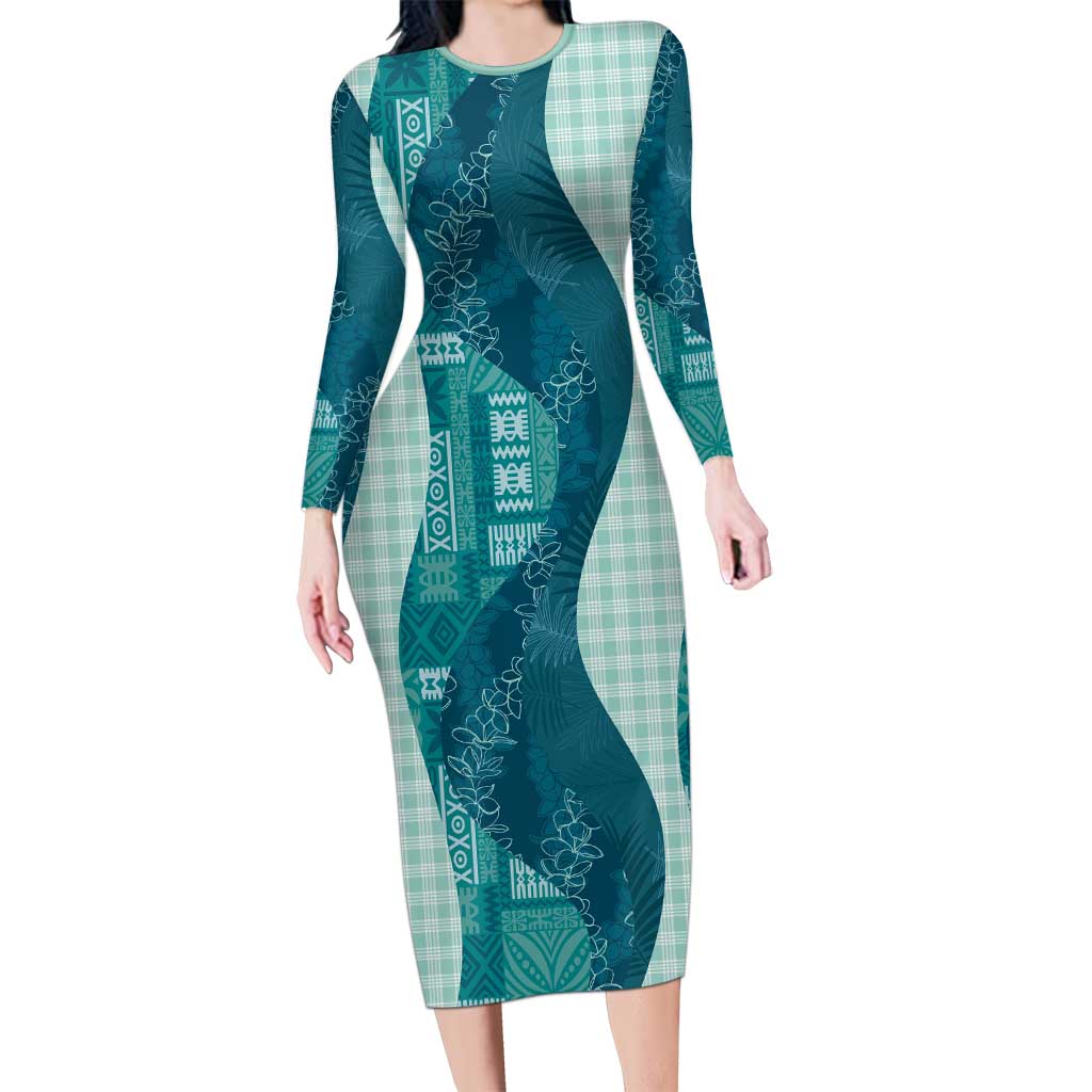 Polynesian Tribal Pattern Patchwork Picturesque Long Sleeve Bodycon Dress Oceanic LT7 Long Dress Blue - Polynesian Pride