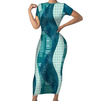 Polynesian Tribal Pattern Patchwork Picturesque Short Sleeve Bodycon Dress Oceanic LT7 Long Dress Blue - Polynesian Pride