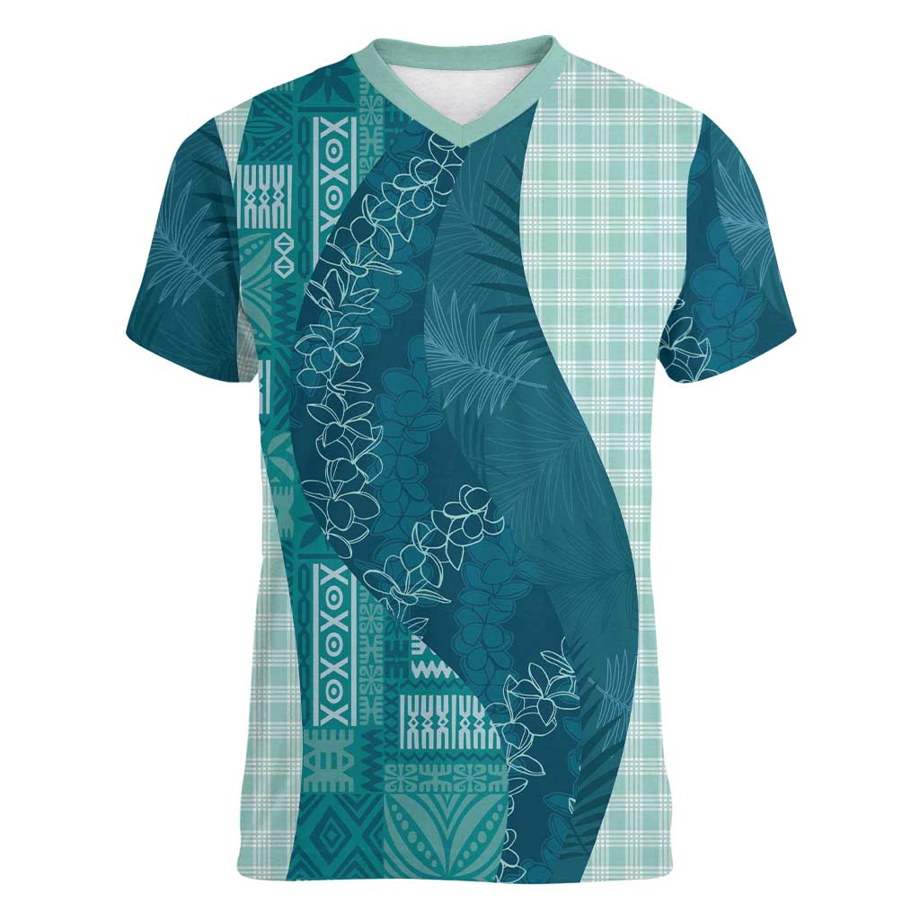 Polynesian Tribal Pattern Patchwork Picturesque Women V-Neck T-Shirt Oceanic LT7 Female Blue - Polynesian Pride