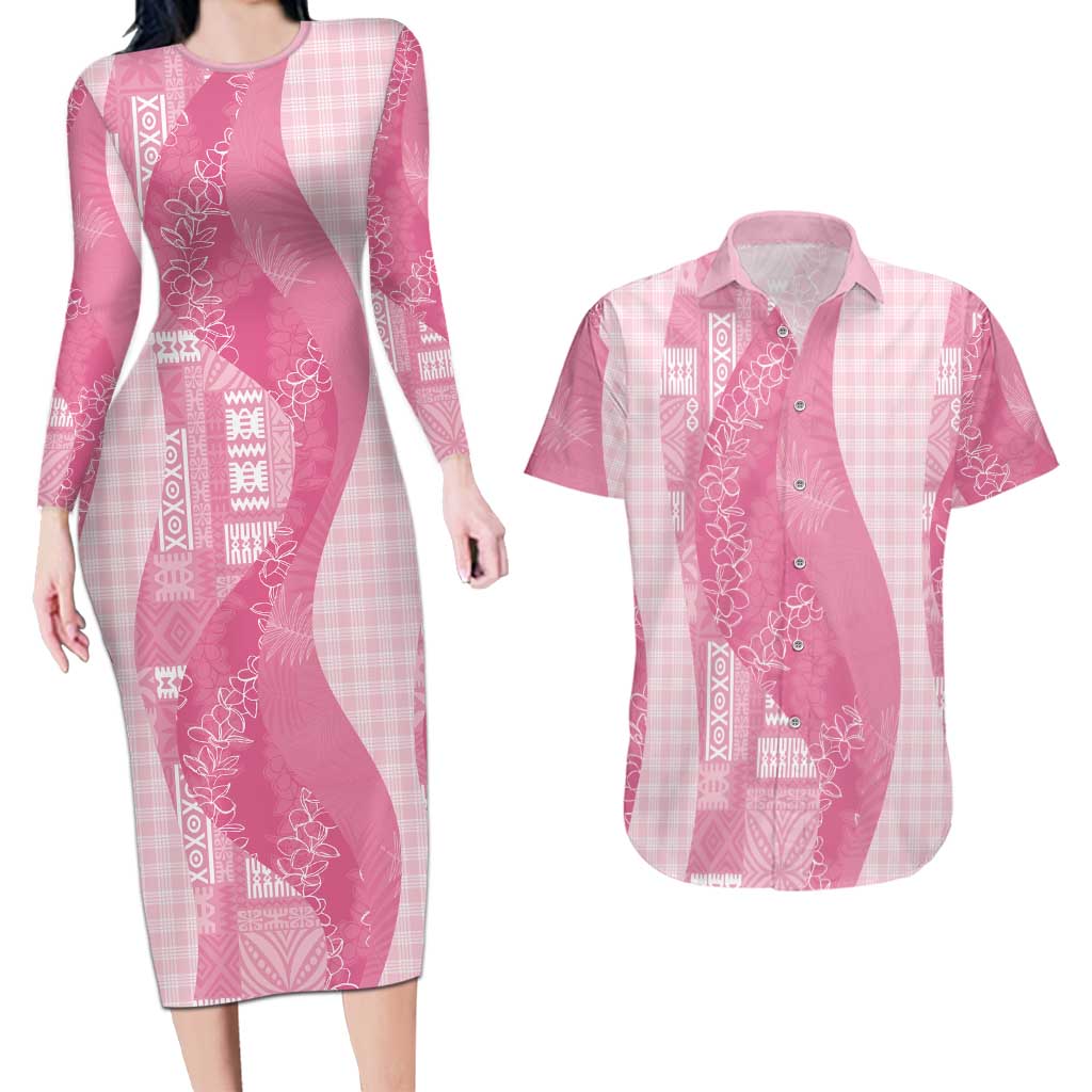 Polynesian Tribal Pattern Patchwork Picturesque Couples Matching Long Sleeve Bodycon Dress and Hawaiian Shirt Rose Pink LT7 Rose Pink - Polynesian Pride