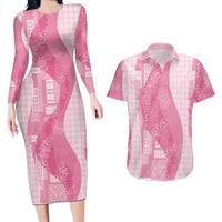 Polynesian Tribal Pattern Patchwork Picturesque Couples Matching Long Sleeve Bodycon Dress and Hawaiian Shirt Rose Pink LT7 Rose Pink - Polynesian Pride
