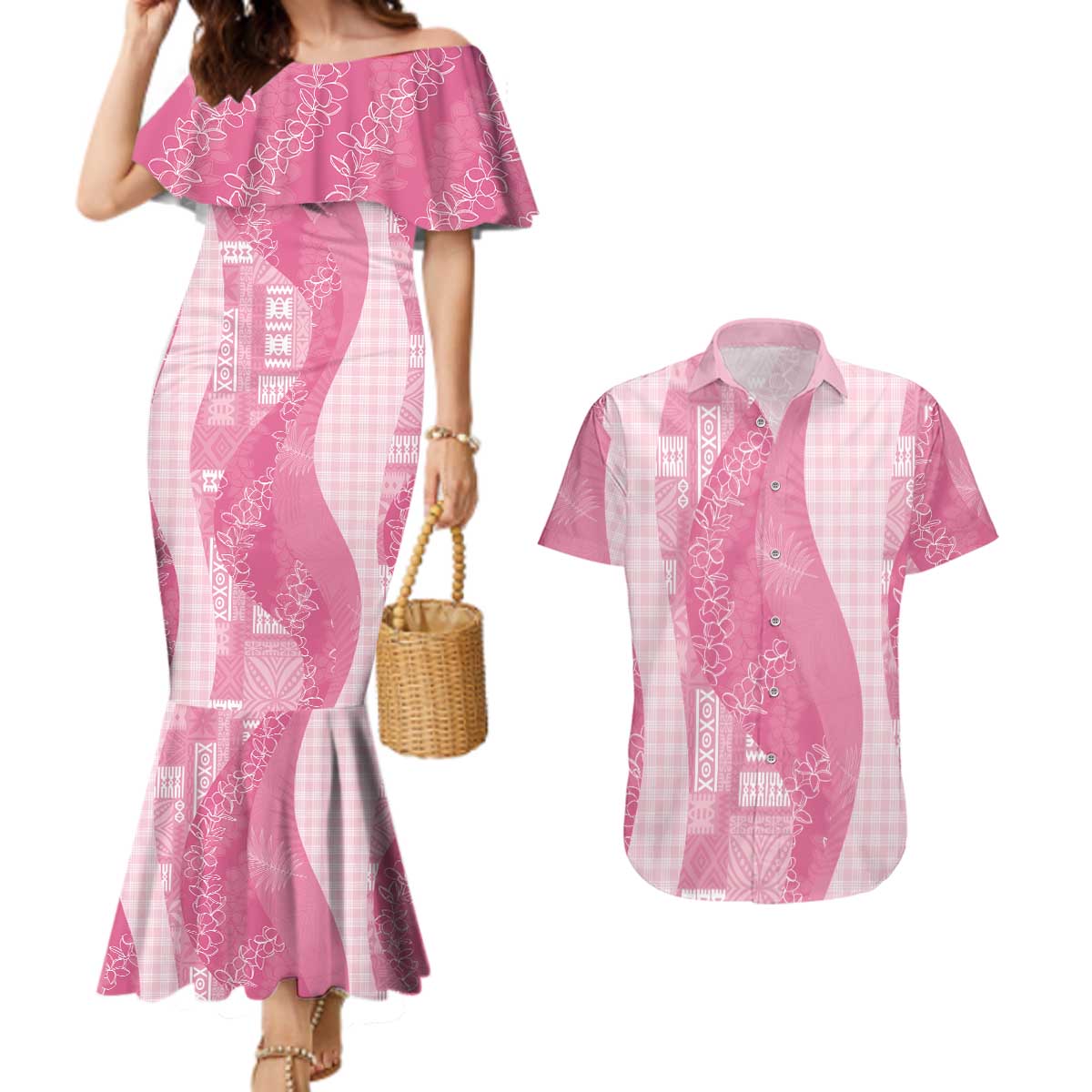 Polynesian Tribal Pattern Patchwork Picturesque Couples Matching Mermaid Dress and Hawaiian Shirt Rose Pink LT7 Rose Pink - Polynesian Pride
