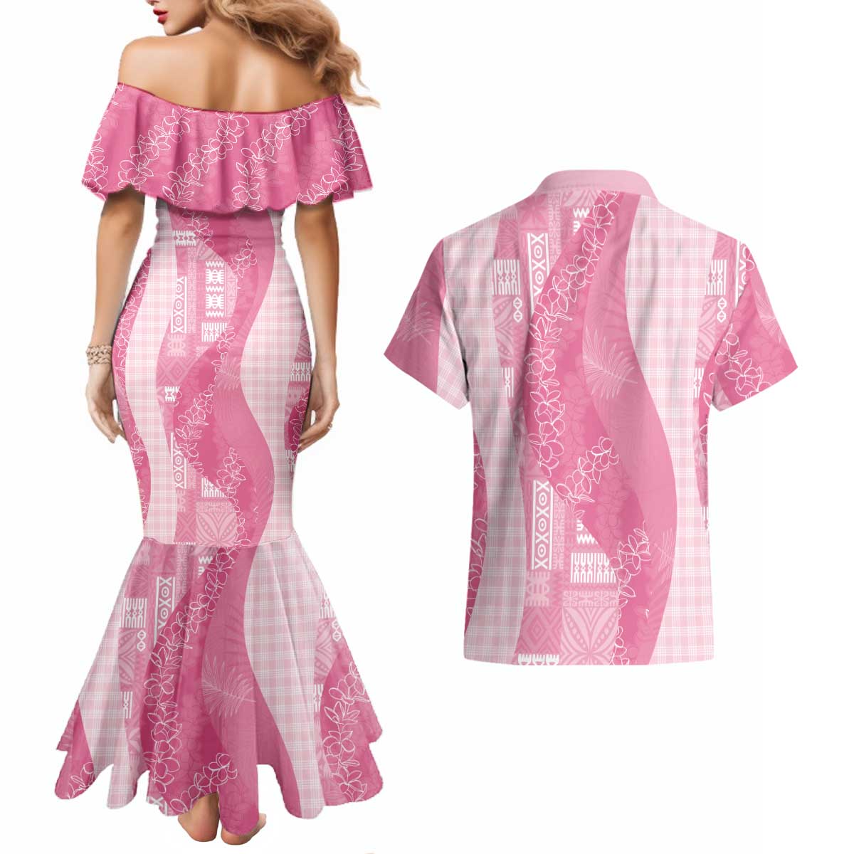 Polynesian Tribal Pattern Patchwork Picturesque Couples Matching Mermaid Dress and Hawaiian Shirt Rose Pink LT7 - Polynesian Pride