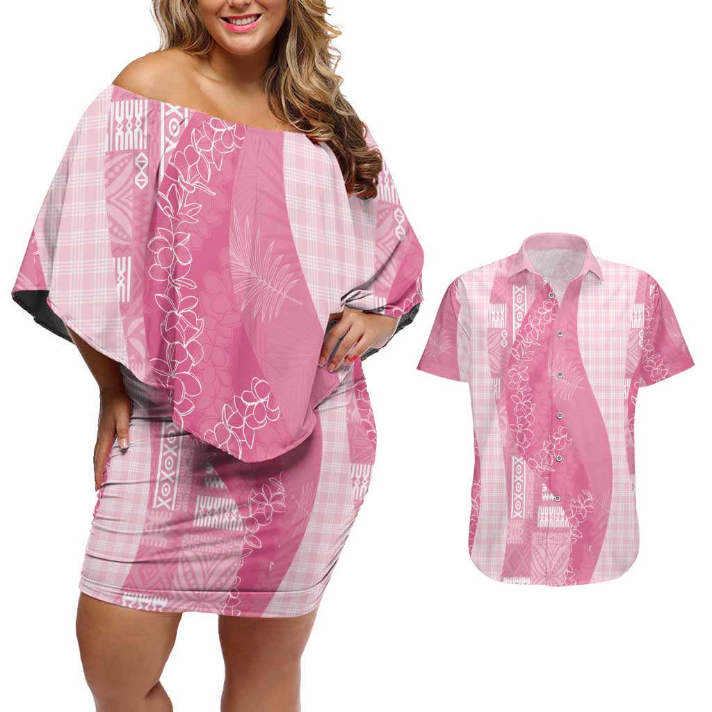 Polynesian Tribal Pattern Patchwork Picturesque Couples Matching Off Shoulder Short Dress and Hawaiian Shirt Rose Pink LT7 Rose Pink - Polynesian Pride