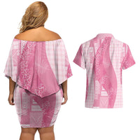 Polynesian Tribal Pattern Patchwork Picturesque Couples Matching Off Shoulder Short Dress and Hawaiian Shirt Rose Pink