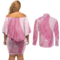 Polynesian Tribal Pattern Patchwork Picturesque Couples Matching Off Shoulder Short Dress and Long Sleeve Button Shirt Rose Pink LT7 - Polynesian Pride