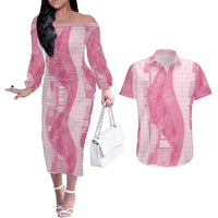 Polynesian Tribal Pattern Patchwork Picturesque Couples Matching Off The Shoulder Long Sleeve Dress and Hawaiian Shirt Rose Pink LT7 Rose Pink - Polynesian Pride