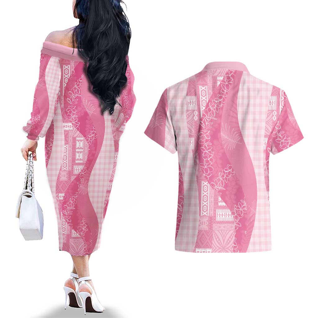 Polynesian Tribal Pattern Patchwork Picturesque Couples Matching Off The Shoulder Long Sleeve Dress and Hawaiian Shirt Rose Pink LT7 - Polynesian Pride