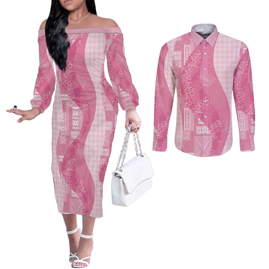 Polynesian Tribal Pattern Patchwork Picturesque Couples Matching Off The Shoulder Long Sleeve Dress and Long Sleeve Button Shirt Rose Pink LT7 Rose Pink - Polynesian Pride
