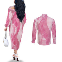 Polynesian Tribal Pattern Patchwork Picturesque Couples Matching Off The Shoulder Long Sleeve Dress and Long Sleeve Button Shirt Rose Pink LT7 - Polynesian Pride