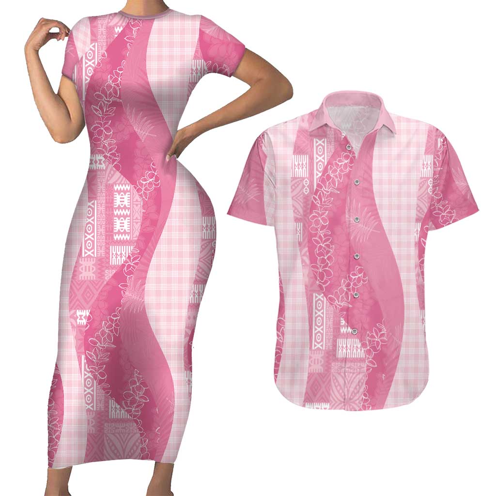 Polynesian Tribal Pattern Patchwork Picturesque Couples Matching Short Sleeve Bodycon Dress and Hawaiian Shirt Rose Pink LT7 Rose Pink - Polynesian Pride